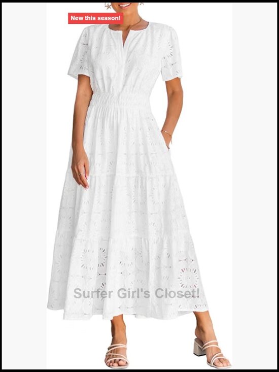 Dresses & Skirts - Flowy Eyelet Lace Maxi Dress Women Boho Casual Short Sleeve